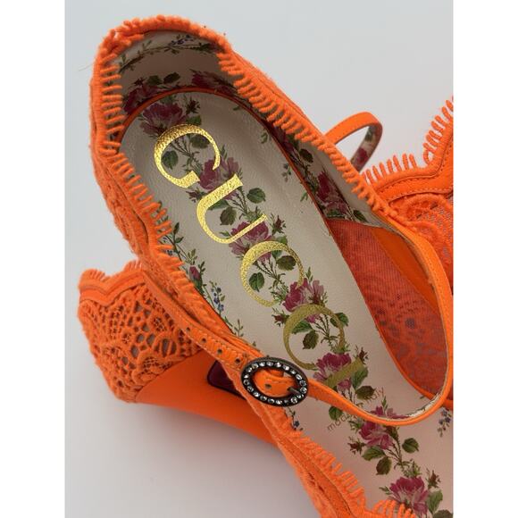 Gucci Mary Jane Heels Neon Orange Lace Size 39 Rhinestone Buckle Authentic - Picture 9 of 14